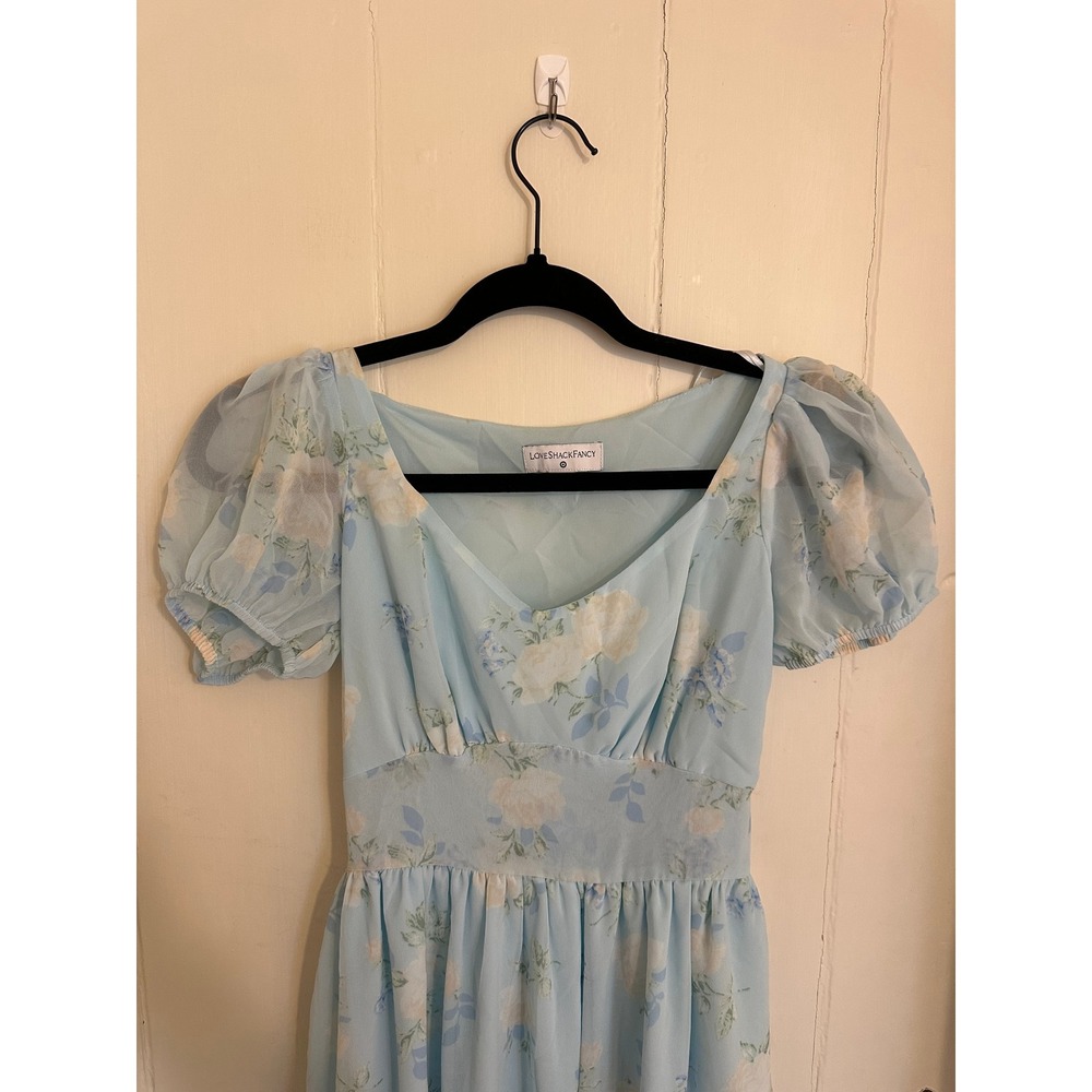 LoveShackFancy Target Blue Floral Puff Sleeve Chiffon Midi Dress Size 0 - Picture 2 of 5
